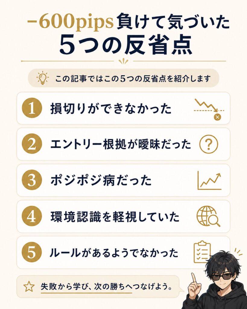 FXで-600pips負けて気づいた5つの反省点
