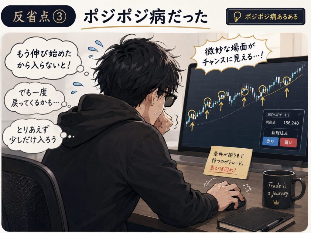FXのポジポジ病で焦ってエントリーしそうになる様子