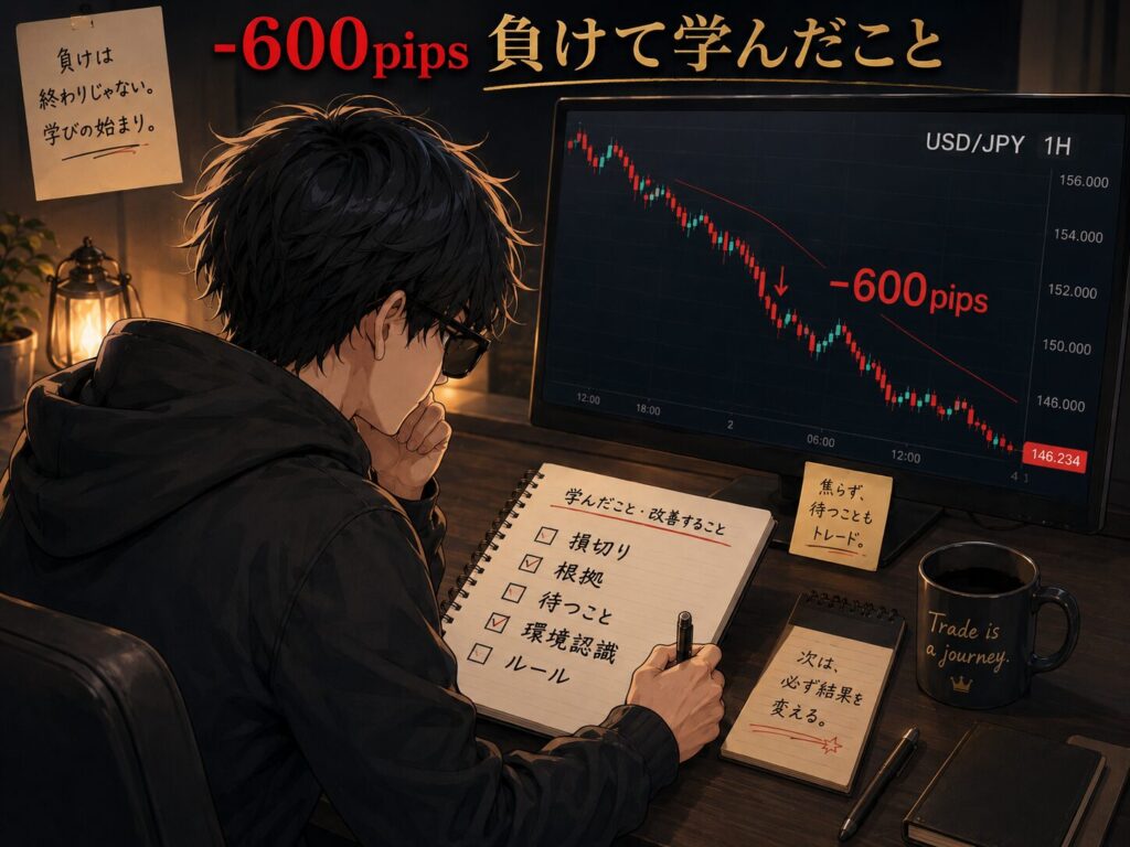 FXで負けた経験から損切りや環境認識を学ぶ様子